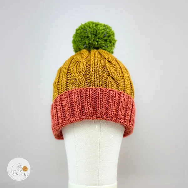 Hand-knitted merino wool reflective pom pom winter hat for kids, teens, women, men. Coral, mustard, green double brim bobble beanie. Cozy christmas gift ideas. Estonian handicraft.