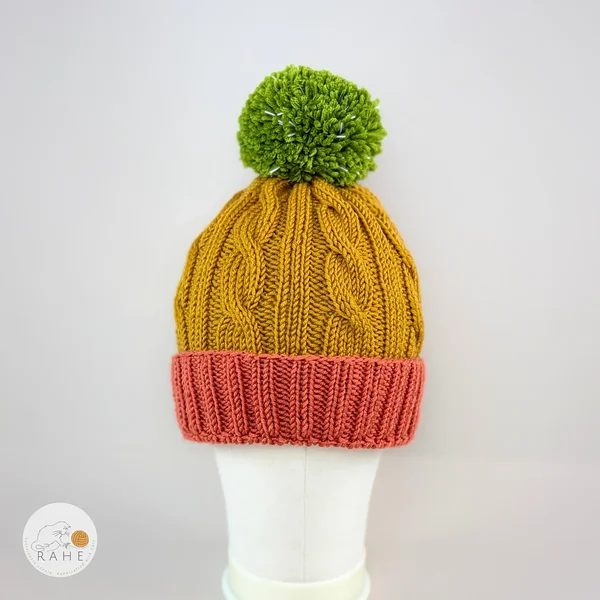 Hand-knitted merino wool reflective pom pom winter hat for kids, teens, women, men. Coral, mustard, green double brim bobble beanie. Cozy christmas gift ideas. Estonian handicraft.
