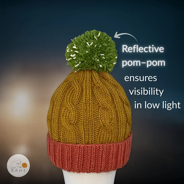 Hand-knitted merino wool reflective pom pom winter hat for kids, teens, women, men. Coral, mustard, green double brim bobble beanie. Cozy christmas gift ideas. Estonian handicraft.
