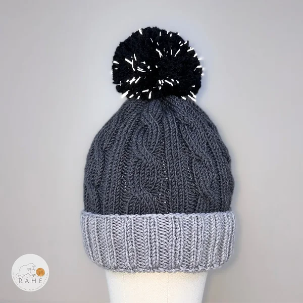 Grey pom pom winter beanie hat for kids, teens, women, and men. Hand-knitted merino hat.