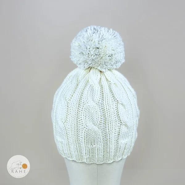 Hand-knitted merino wool reflective pom-pom hat for kids and teens. White knitetd winterhat for kids. Estonian handicraft gifts.