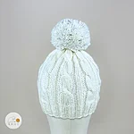 Hand knitted merino wool reflective winter hat kids cable knit white rahecraft front view