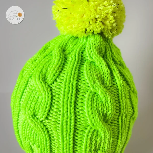 Hand-knitted neon green merino wool winter hat in white neon yellow fur pom-pom – Estonian handicraft gift for kids.