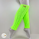 Hand knitted neon green merino wool leg warmers ribbed womens rahecraft angled leg pose pair