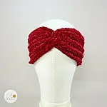 Hand knitted red velvet headband twist front view rahecraft 1