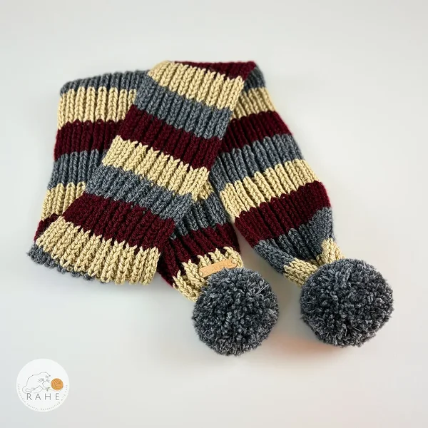 Hand-knitted striped scarf with reflective pom-poms in beige, burgundy and grey, soft ribbed knit texture, handmade winter accessory for kids, teens and adults by RAHEcraft.