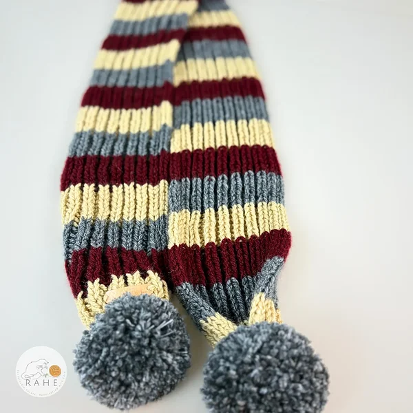 Hand-Knitted Reflective Pom Pom Scarf – Striped Beige, Burgundy & Grey Winter Scarf for Kids, Teens & Adults. Handmade by RAHEcraft