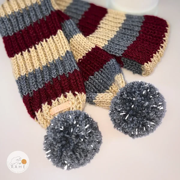 Knitted striped scarf with reflective bobbles. Long narrow scarf for kids, teens, and adults. Estonian handicraft gifts.