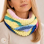 Hand knitted striped velvet snood colourful rahecraft close up view