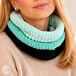 Hand knitted striped velvet snood ice blue turquoise black rahecraft close up view model