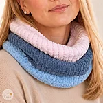 Hand knitted striped velvet snood light blue blue pink rahecraft close up view model