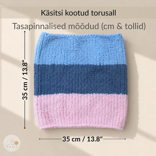 Velvetlõngast kootud torusalli mõõdud tasapinnaliselt.