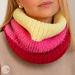 Hand knitted striped velvet snood yellow pink red rahecraft close up view model