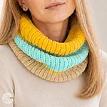 Hand knitted striped velvet snood yellow turquoise beige rahecraft close up view model