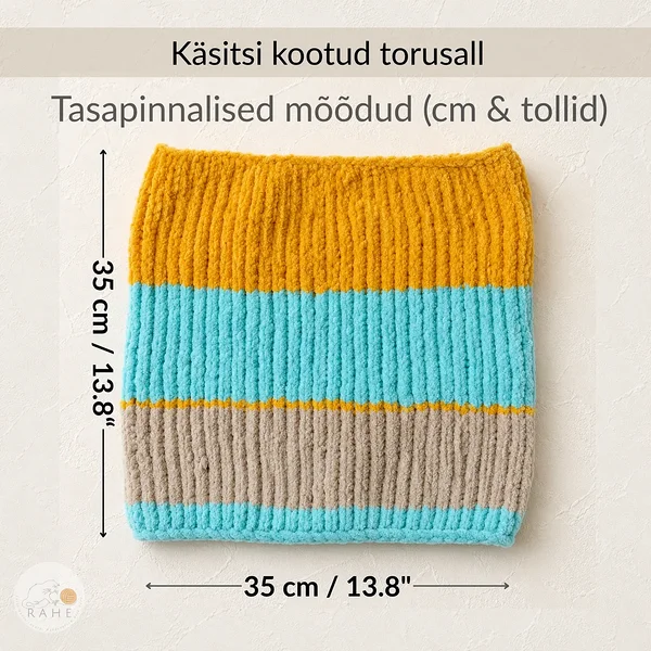 Käsitsi kootud velvetlõngast salli tasapinnalised mõõdud.