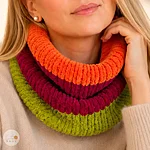 Hand knitted velvet snood striped orange bordoo red olive green rahecraft close up view model