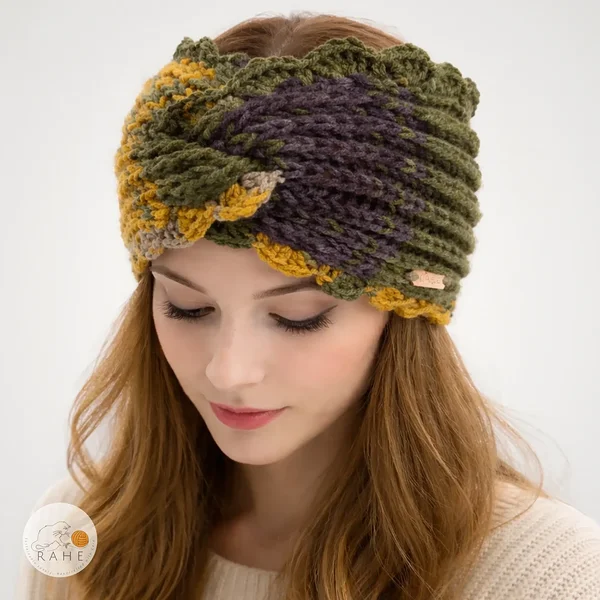 Hand-knitted wide acrylic headband on female model, moss green and mustard yellow gradient knit headband with twisted front, scalloped lace edge, soft stretchy ribbed texture, RAHEcraft