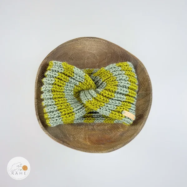 Hand-knitted wide wool blend headband flat lay with twisted center, sage and  olive green stripes, RAHEcraft