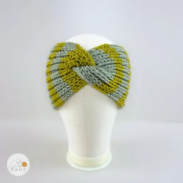 Hand-knitted wide wool blend headband front view in sage and olive green stripes, textured knit pattern, RAHEcraft