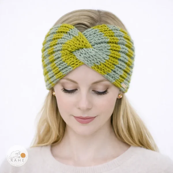 Hand-knitted wide wool blend headband worn by a female model, striped sage and olive green, twisted design, soft and stretchy knit, RAHEcraft