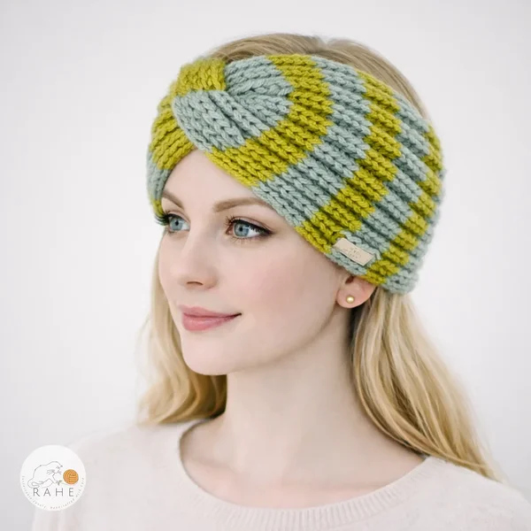 Side view of a hand-knitted wide wool blend headband worn by a female model, striped sage and olive green, twisted design, soft and stretchy knit, RAHEcraft
