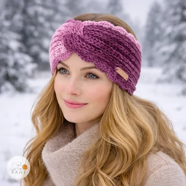 Woman wearing a hand-knitted gradient pink and purple headband with fisherman’s rib texture, styled in a snowy winter landscape, soft Nordic look, RAHEcraft