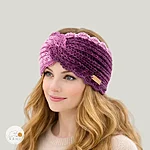Hand knitted wide headband lace edge girl woman gradient pink rahecraft on model