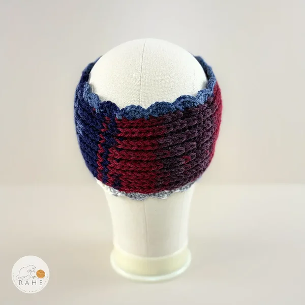 Back view of hand-knitted wide headband with scalloped edge, deep blue and burgundy color section, thick textured knit, women’s winter headband, RAHEcraft