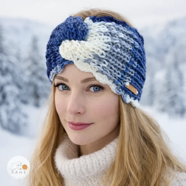 Hand-knitted wide headband worn by woman outdoors, blue, grey and white color blend, thick fisherman’s rib knit with scalloped edge, RAHEcraft