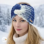Hand knitted wide headband scalloped lace edge girl woman gradient white blue red rahecraft on model