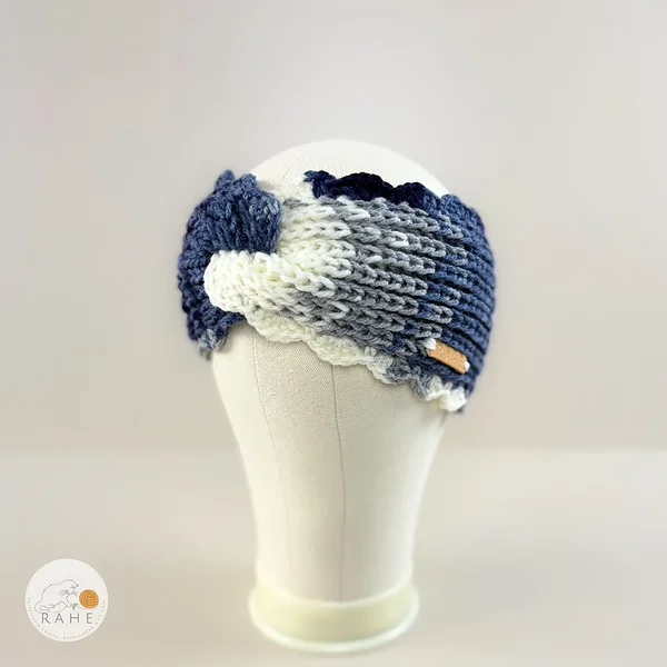 Side view of hand-knitted wide headband with scalloped crochet edge, blue and grey tones, textured winter headband for women, RAHEcraft