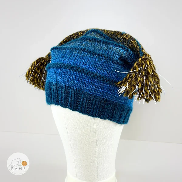 Hand-knitted wool blend hat in gradient blue, tean and brown with reflective tassels, suitable for kids and adults