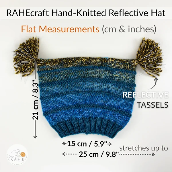 Flat measurements of a hand-knitted reflective hat for kids and adults (cm and inches)