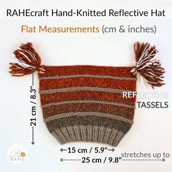 RAHEcraft hand-knitted reflective hat – flat measurements and fit guide