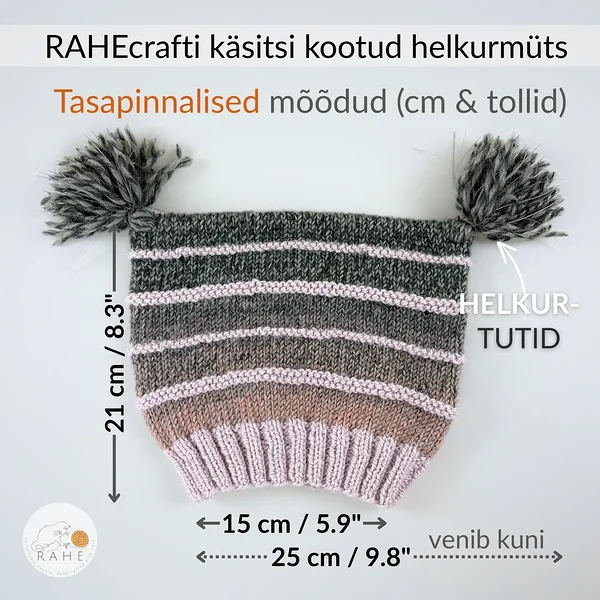 RAHEcraft käsitsi kootud mütsi suuruse juhend. Infopilt selgitab, et müts sobib peaümbermõõdule umbes 52–58 cm ning on katsetatud ka täiskasvanul, kelle peaümbermõõt on 58 cm. Sobib nii lastele kui täiskasvanutele.