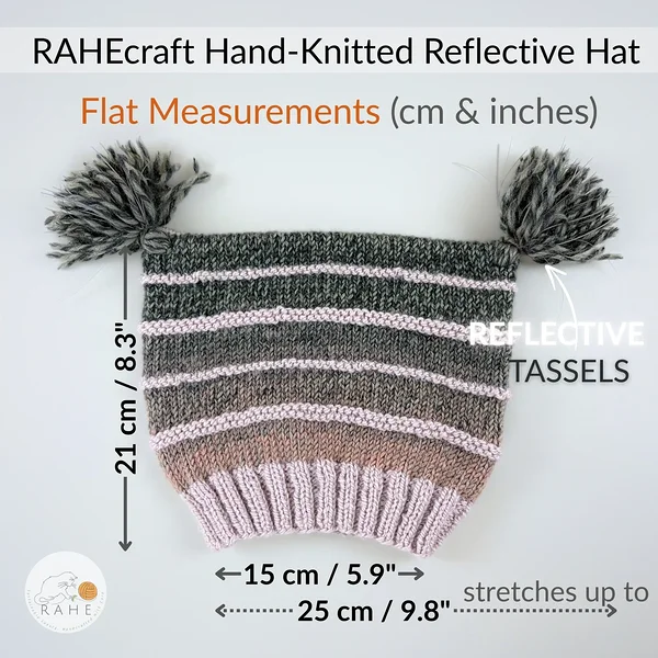 RAHEcraft hand-knitted reflective hat flat measurements shown in centimeters and inches, including hat height, ribbed brim width, and stretch range.