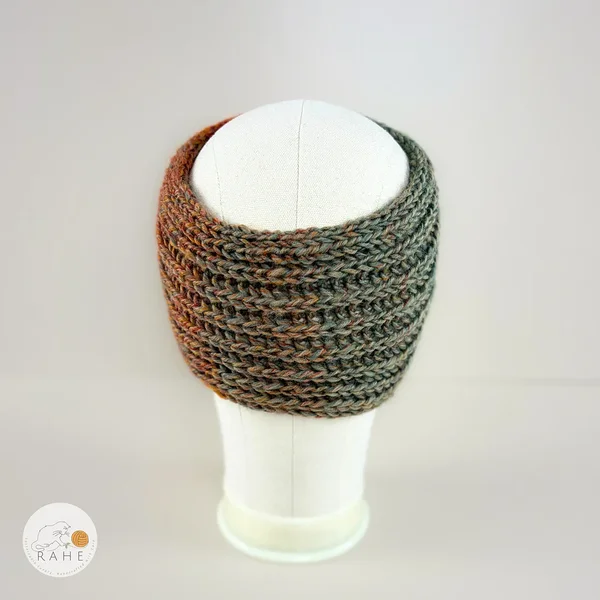 Back view of a hand-knitted  gradient  greenish orange  wool blend ear warmers for girls and women.