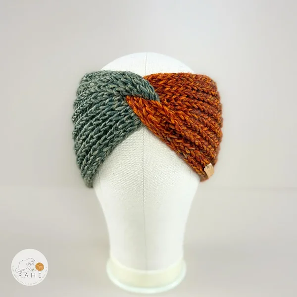 Front view of gradient greenish orange  hand-knitted woolblend headband for girls and women by RAHEcraft