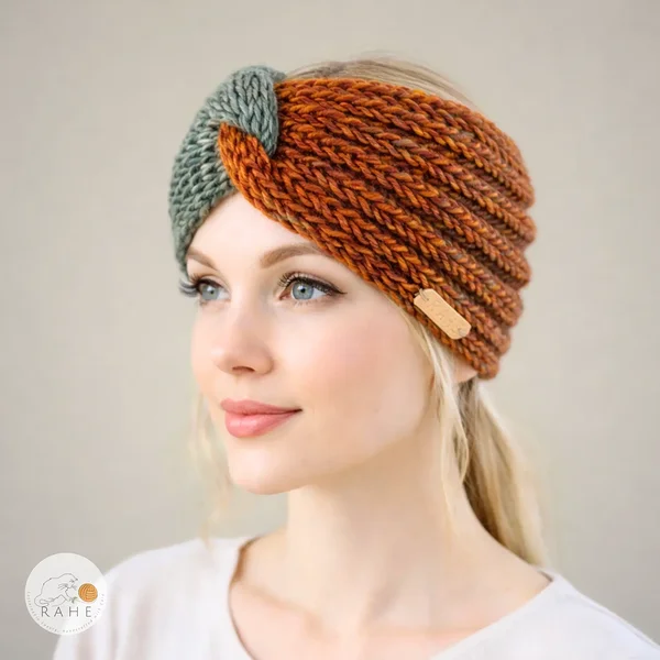 Hand-knitted wool blend headband with a smooth gradient from soft green to warm rust tones, shown worn by a female model. The wide fisherman’s rib knit offers stretch, comfort, and a timeless look. A slow fashion handmade accessory by RAHEcraft.