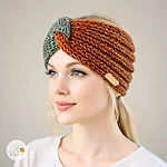 Hand knitted wool blend headband girl woman gradient green orange rahecraft on model 1
