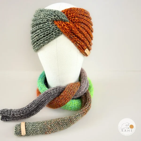Hand-knitted wool blend headband and scarf in gradient green, orange for girls and women.