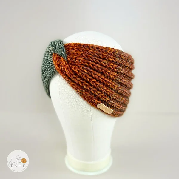 White hand-knitted gradient green and orange wool blend headband for girls and women.