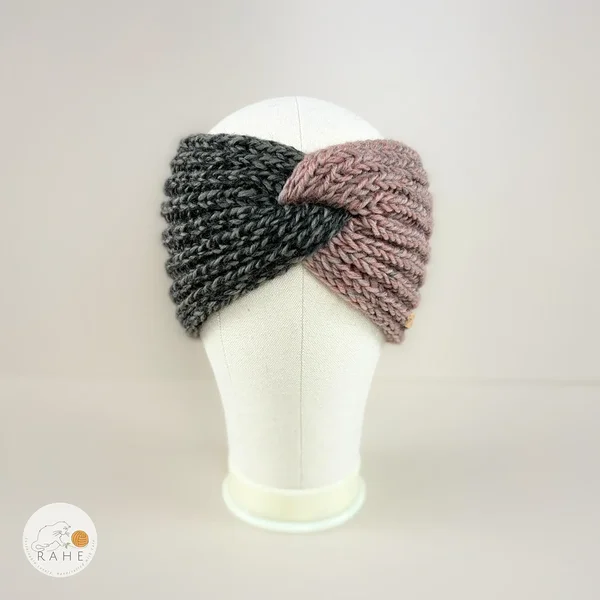 Front view of gradient grey & dusky pink hand-knitted wool blend headband for girls and women by RAHEcraft