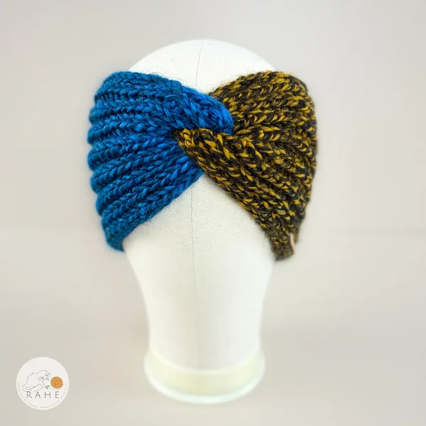 Front view of gradient blue and brown hand-knitted wool blend headband for girls and women by RAHEcraft