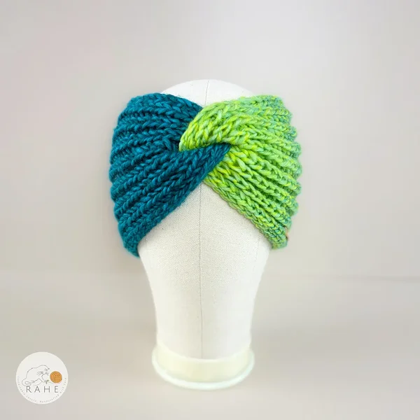 Front view of gradient lime yellow and teal hand-knitted woolblend headband for girls and women by RAHEcraft