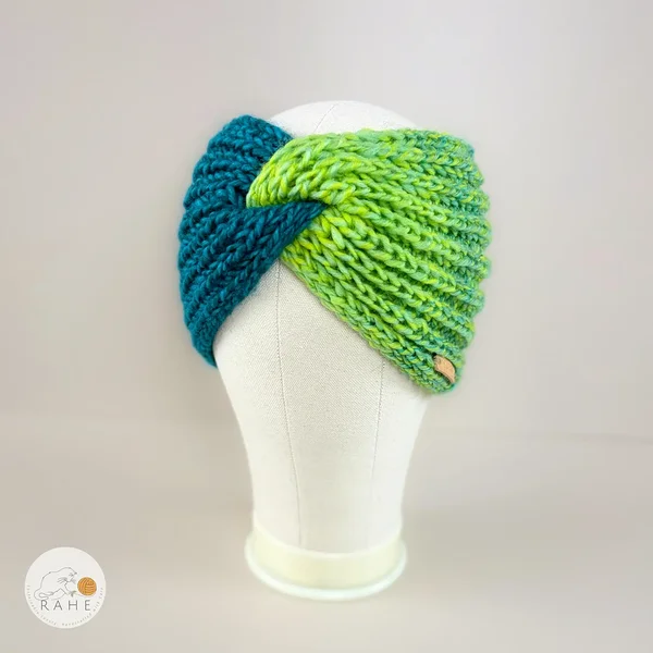White hand-knitted gradient lime green and teal wool blend headband for girls and women.