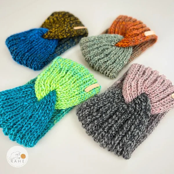 Hand-knitted wool blend colourful gradient headbands for girls and women