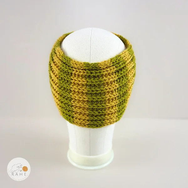 Hand-knitted wide wool blend headband back view in yellow and green stripes, soft and stretchy knit, RAHEcraft