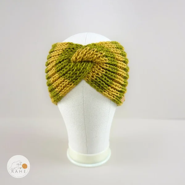 Hand-knitted wide wool blend headband front view in yellow and green stripes, textured knit pattern, RAHEcraft