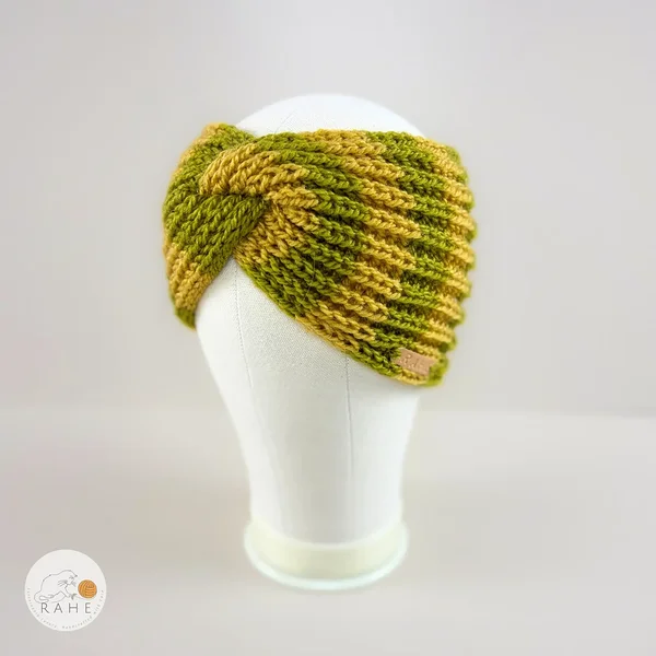Side view of a hand-knitted wool blend wide headband with yellow and green stripes, RAHEcraft.